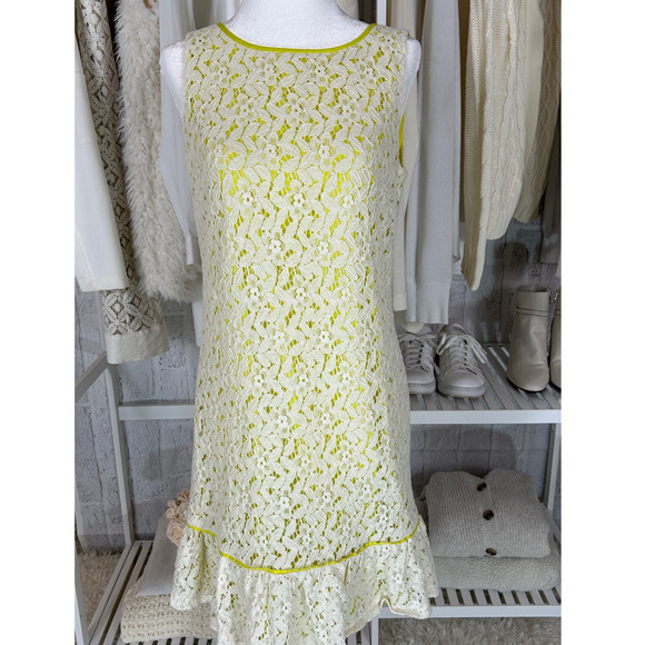 Loft Women's Sz 4 Cream Chartreuse Lace Knee Length Sheath Dress #0298 - Picture 1 of 11